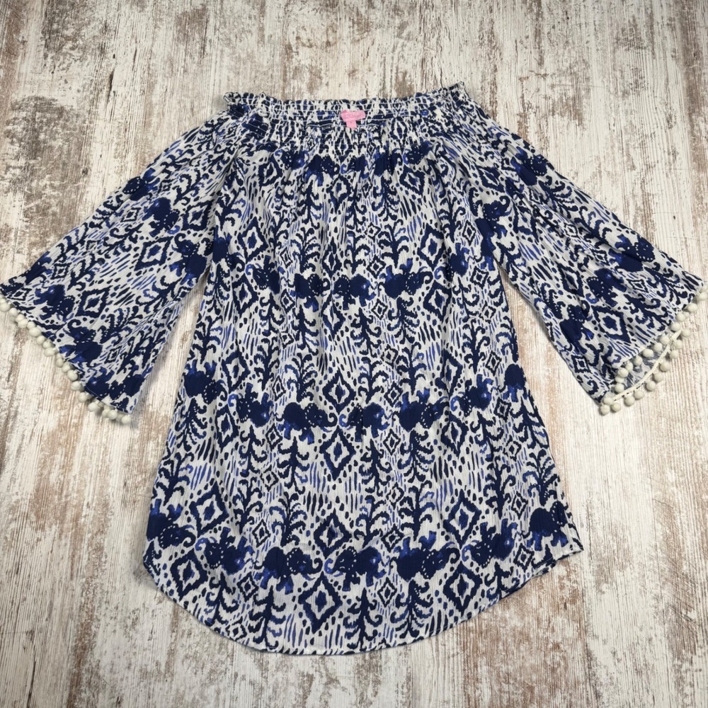Lilly Pulitzer Blue White Elephant Ikat Off Shoulder Pom Pom Bell Sleeve Top S